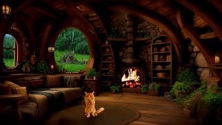 Burning Fireplace and Soft Rain Sounds, Cat - Cozy Ambience for Sleep