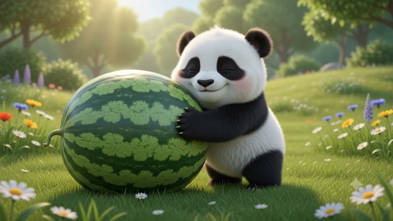 Baby panda chases watermelon