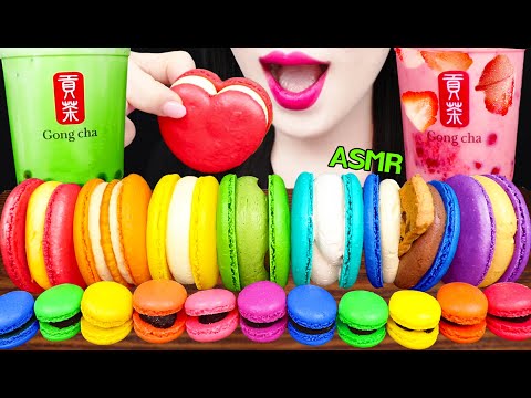 <strong>ASMR</strong> STRAWBERRY <strong>BUBBLE</strong> TEA, GREEN TEA MILK TEA, RAINBOW MACARON 딸기 버블티, 녹차 밀크티, 레인보우 마카롱 먹방 MUKBANG