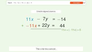 Solve system of equations 11x-7y=-14;x-2y=-4
