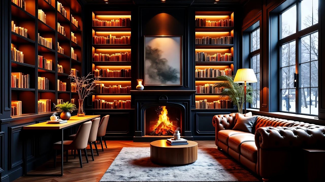 Winter Jazz Lounge Ambience ❄️ Elegant Library, Calm Snowfall