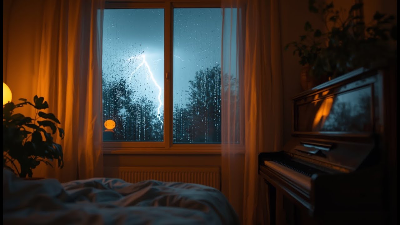 Storm Beyond the Glass with Soft Piano — Heavy Rain & Lightning Ambience for Calm Sleep