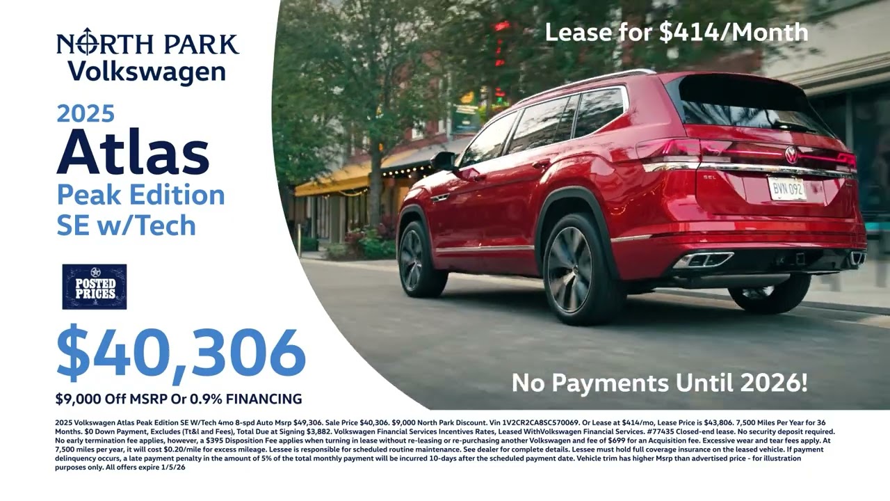 Get $9000 Off MSRP on a new 2025 Volkswagen Atlas during the VW Deal Days Event at North Park VW!