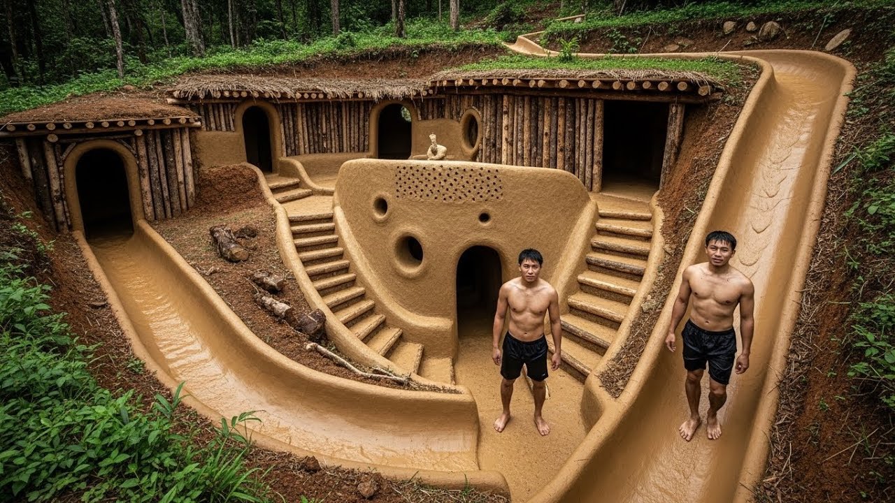 150 Days Building a Hidden Bear Adventure Villa Deep in the Mountains with Super High Water Slide