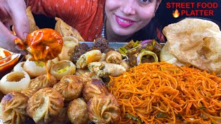 Eating Spicy🔥 Schezwan Noodles, Fried Momo, Chole Bhature, Paneer Samosa, Golgappe, Manchurian, Roll