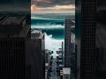 Multiple Tsunami Waves Race Toward City Skyline