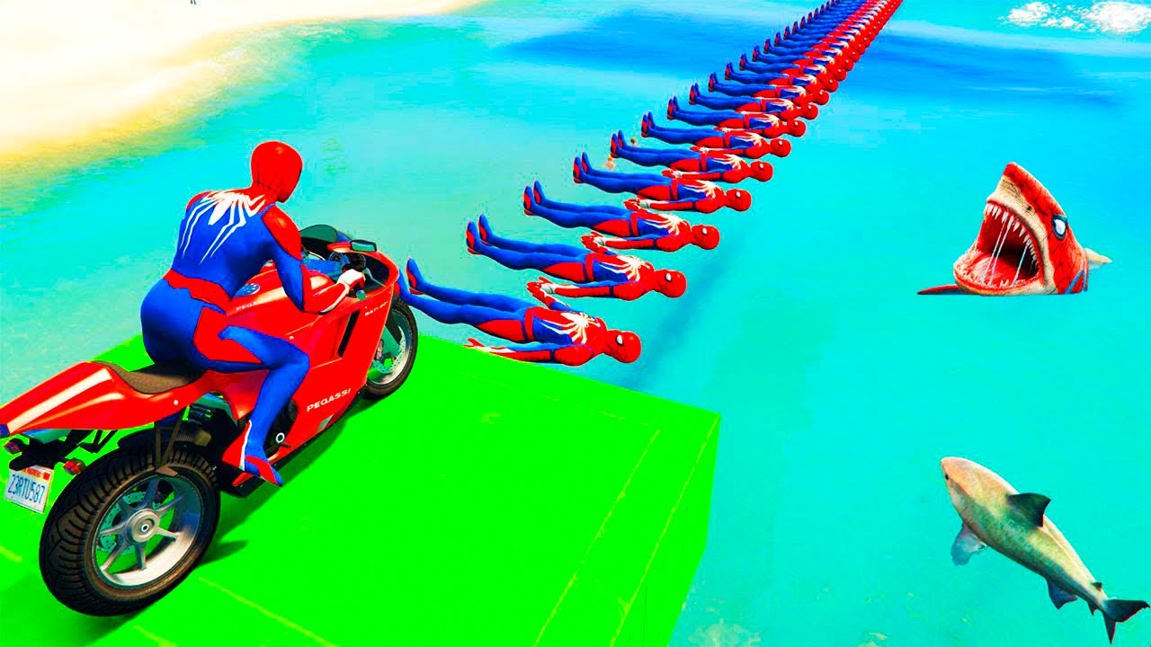 الأبطال الخارقين على القضبان دوامة قمع جسر 🏍SPIDER MAN!on Motorcycle in Spiral Bridge Stunt Ride