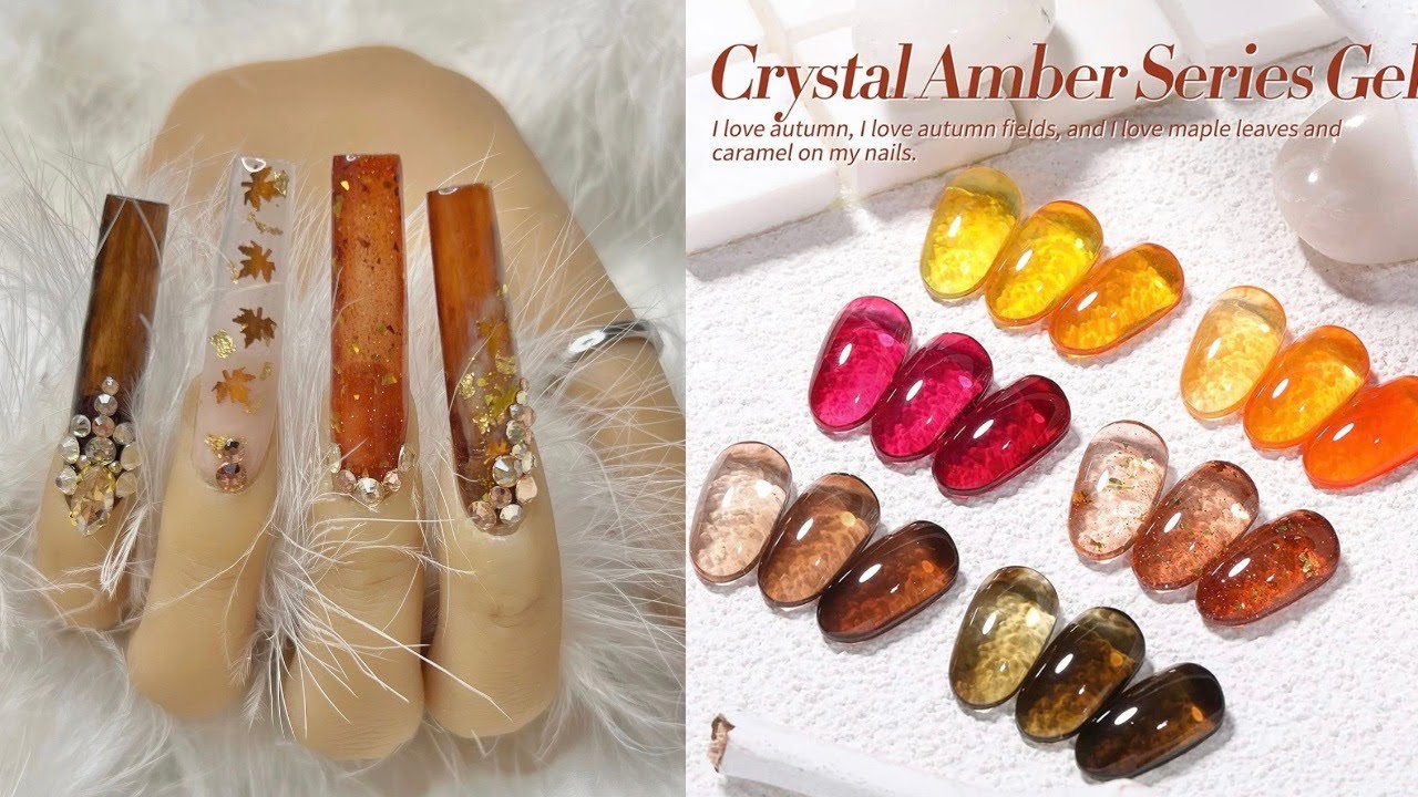 BROWN FALL JELLY BLING ENCAPSULATED GLITTER FOIL ACRYLIC NAILS TUTORIAL I BORN PRETTY