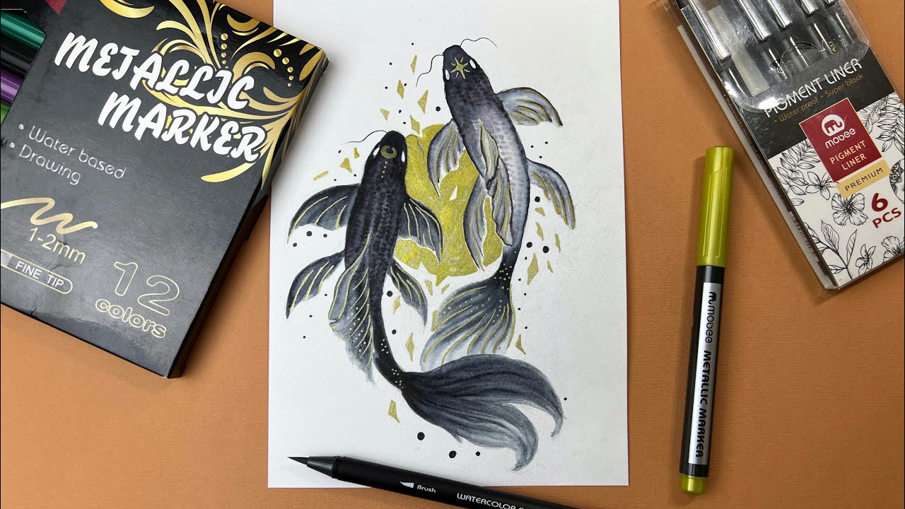 Рисуем рыбок Кои акварельными маркерами MOBEE art!