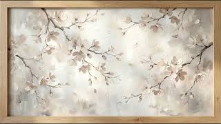 Delicate "Ivory Sakura Branch" 4K TV Art | Minimalist Neutral Floral Wallpaper | Natural Oak Frame screenshot 1