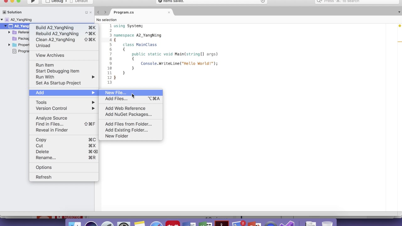 how to add a class in visual studio on a mac