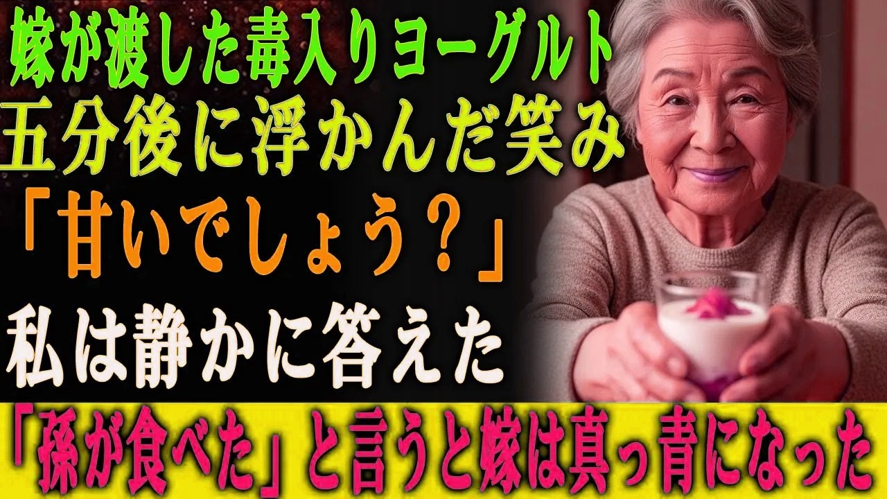 嫁が差し出したいちごヨーグルト。 5分後、嫁は笑って言った。 「甘いでしょう？」 私は静かに答えた。 「それ、孫が食べたわよ」 その瞬間、嫁の顔は凍りついた。