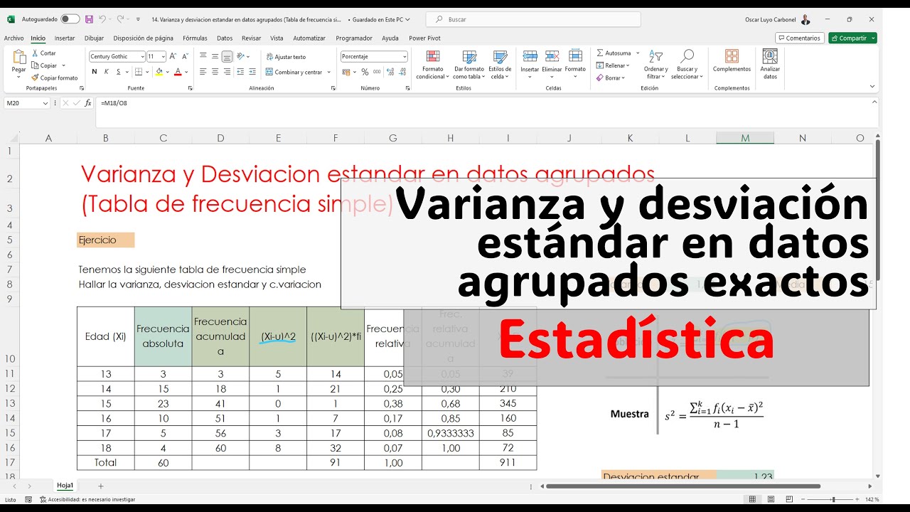 16. Varianza y desviacion estandar en datos agrupados Tabla de