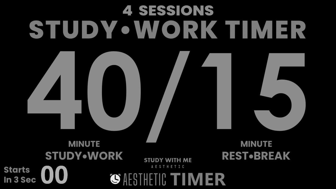 DARK Mode, Pomodoro 40/15 Study Timer, No Music, 4 Sessions, 40 Minute Study, Gentle Alarm
