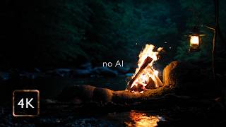Real Campfire by the Dark River β Hidden Spot in the Forest | Deep Night Ambience (4K)