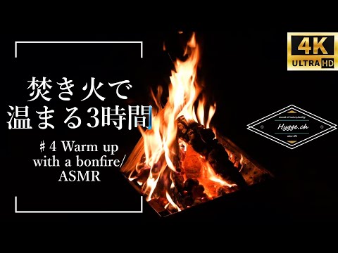 【焚き火】♯4【焚き火で温まる３時間】4K・ASMR・作業用BGM・安眠用・睡眠用BGM・リラックスBGM / [Warm up by a bonfire] / 3 hours / ASMR