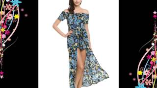 Bluetime Womens Flower Floral Off shoulder Short Sleeves Split Jumpsuit Romper  Maxi Dress