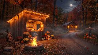 Cozy Autumn Apple Cider Stand 🍎🔥 | Campfire, Fall Leaves & Relaxing Halloween Night Ambience