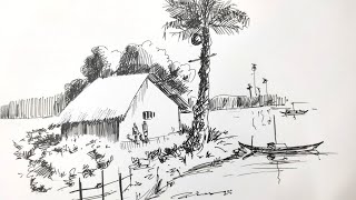 Easy Pen drawing, | How to draw a River side House with Easy Pen Drawing