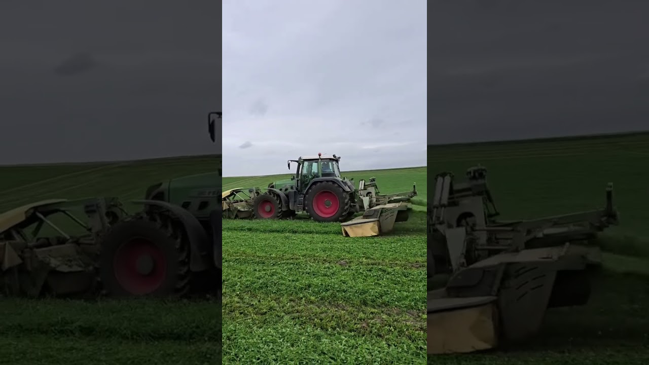 Fendt 818 Vario TMS with Krone EasyCut mower combination captured during the last clover mowing.