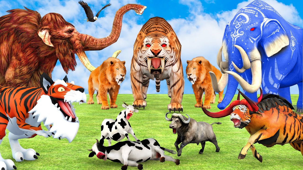 10 Mammoth Elephant vs 10 Big Bull Zombie Elephant vs Giant Tiger Fight Cow Cartoon Saved by Mammoth