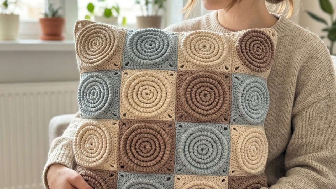 Как связать 3D мотив крючком: Подушка из квадратов «Спирали»