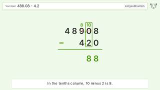 Long Subtraction Problem 489.08-4.2: Step-by-Step Video Solution