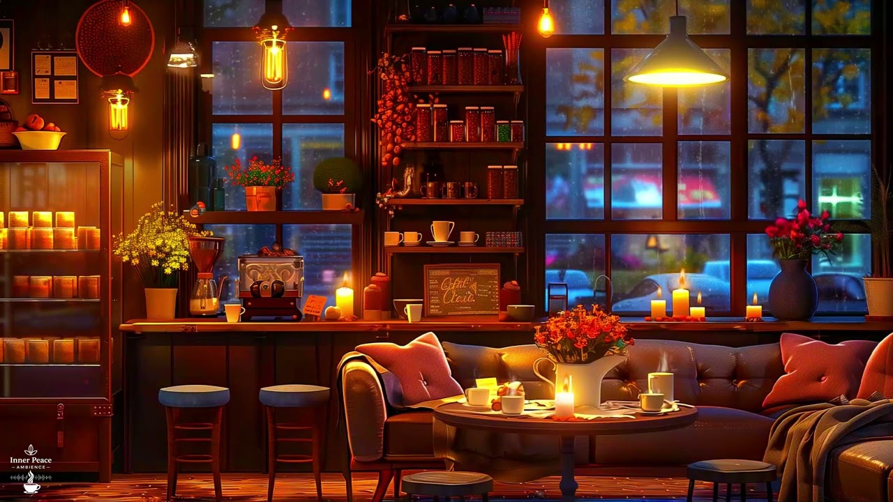 Cozy Autumn Café with Candlelight & Rainy Window View – 3 Hours of Smooth Relaxing Jazz | 4K