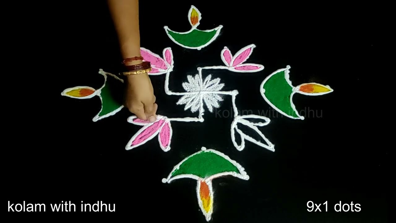 Latest Diya Rangoli Designs  | Creative Kolam with 9x1 dots  | Simple Muggulu by Kolam with indhu