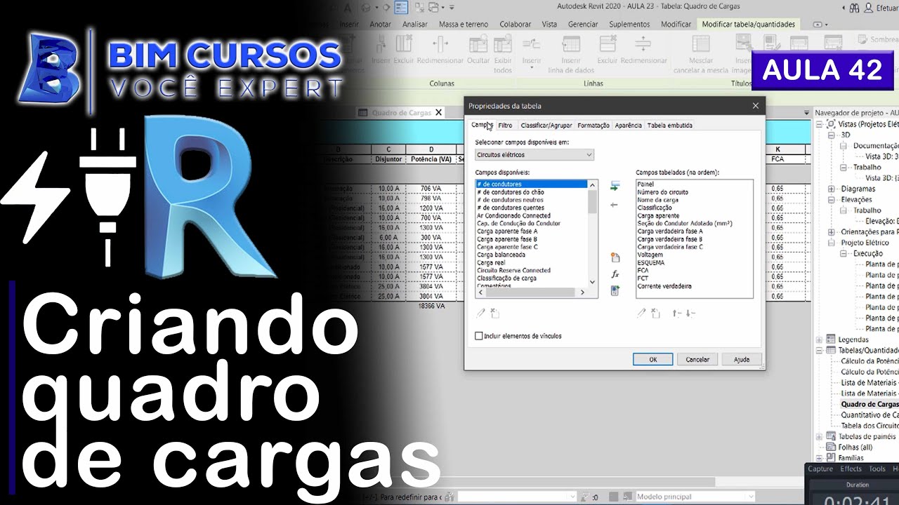 Aula 42 grátis - Revit MEP Elétrico - Criando quadro de cargas no Revit - BIM CURSOS