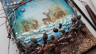 Nature Inspired MIXED MEDIA CANVAS with Twigs & Alder Cones in Winter Colors
