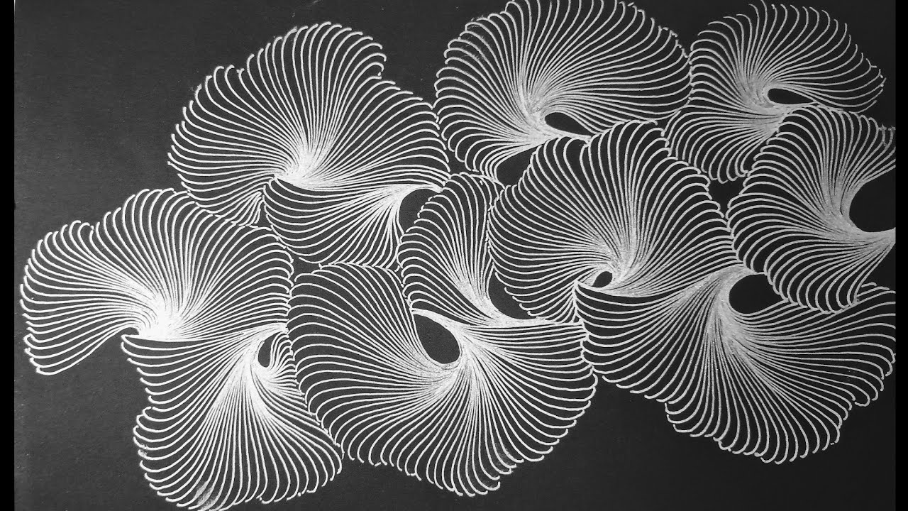 Floral Line Art Design Illustration Silver Gel Pen on Black Paper 