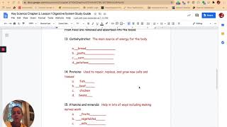 Science Chapter 2, Lesson 1 Digestive System Study Guide Review