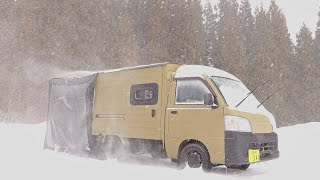 Snowstorm Solo Camping | Strong Winds with Mini Truck and a Wood Stove | Relaxing nature ASMR