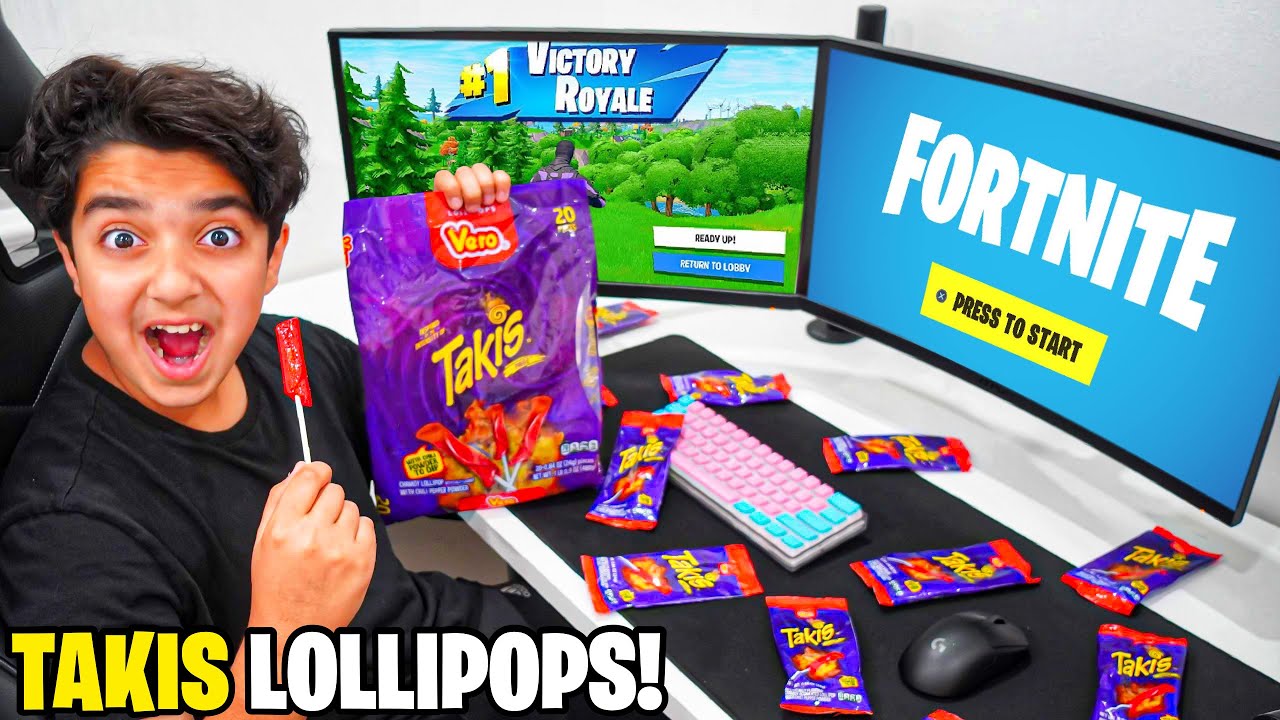 Kid Eats TAKIS LOLLIPOPS For Every Kill In Fortnite...