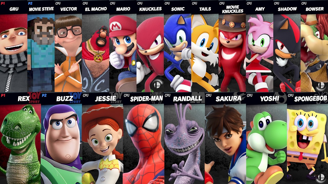 Sonic vs Mario vs Yoshi vs SpongeBob vs Buzz vs Rex vs Spiderman | Super Smash Bros Ultimate