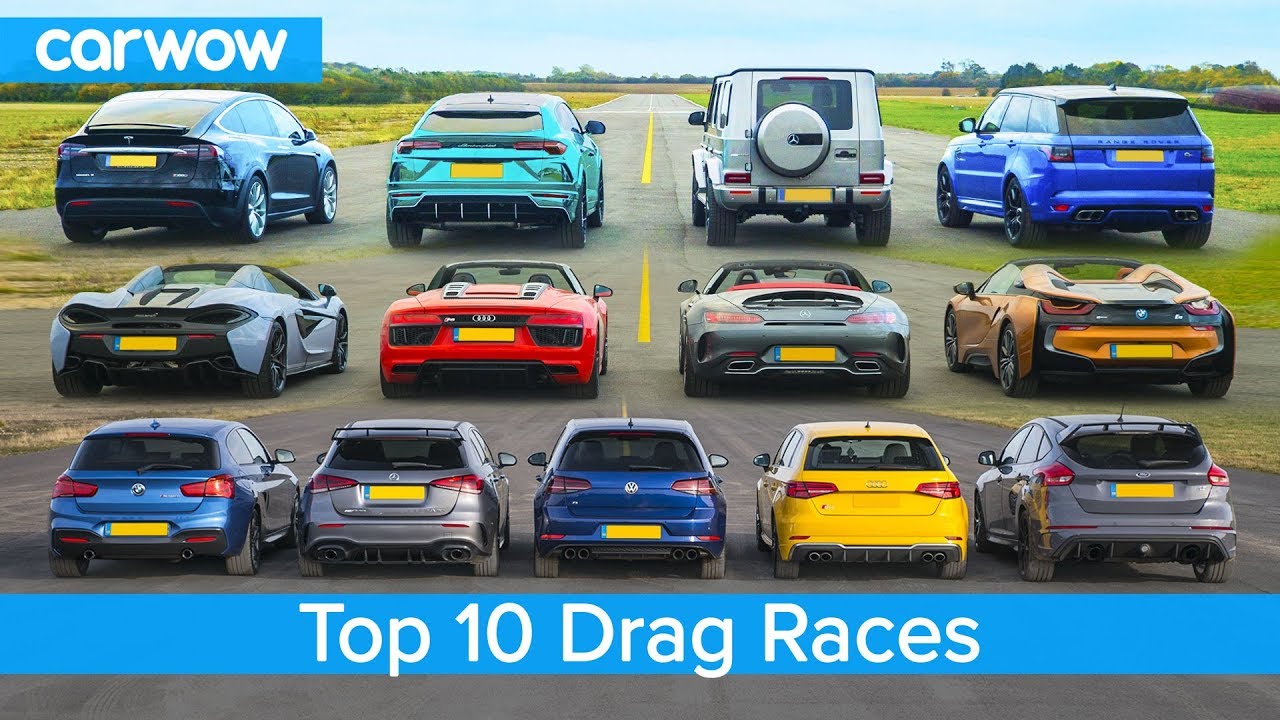 Top 10 Best Drag Races - Lamborghini v Tesla vs AMG v BMW M v Audi RS v McLaren and more!