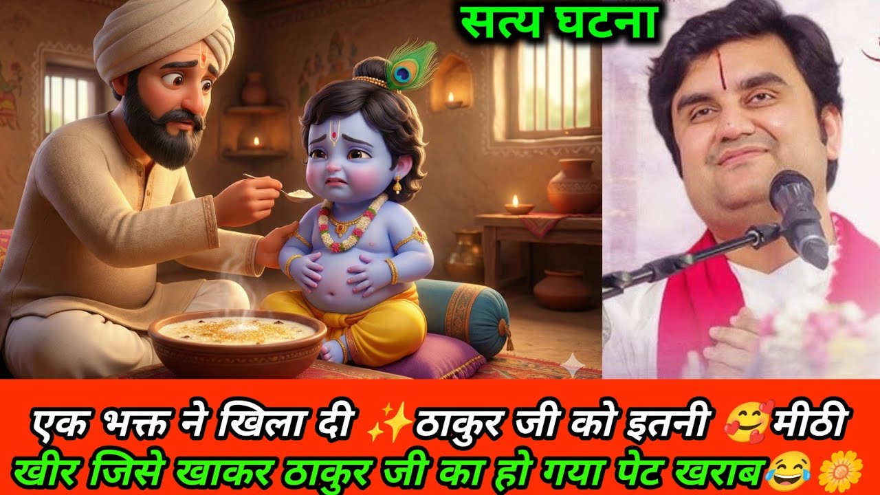 एक भक्त ने खिला दी ✨ठाकुर जी को इतनी 🥰मीठी खीर जिसे खाकर ठाकुर जी का हो गया पेट खराब😂🌼|| #indreshji