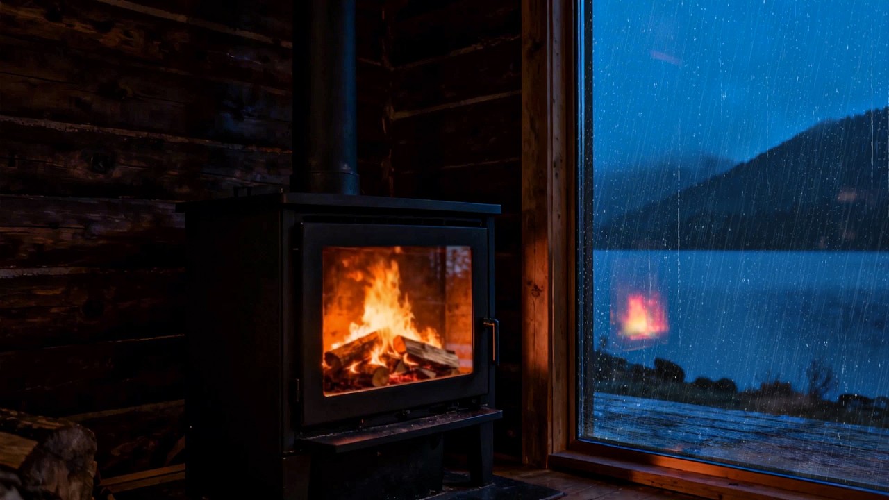 Cozy Fireplace by Rainy Cabin Window | Thunderstorm Night Lake Ambience for Sleep & Relax