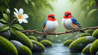 Two small, vividly colored birds perched on delicate branches covered in soft purple blossoms. l screenshot 5