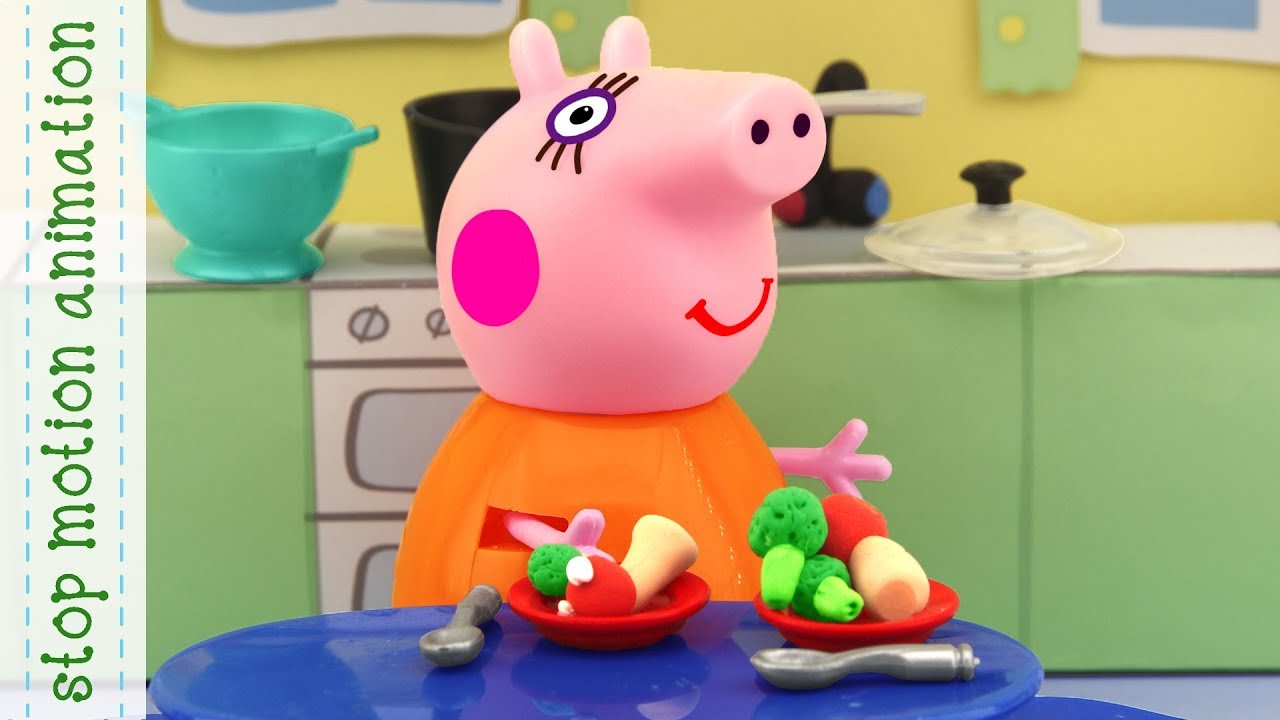 Vegetable soup for Peppa Pig and Mummy Pig is cooking dinner