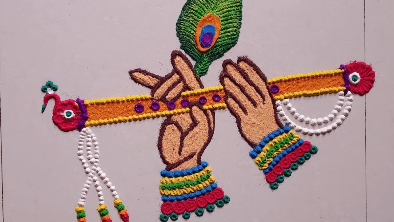Krishna Janmastami Flute Rangoli with peacock feather/ Satisfying
