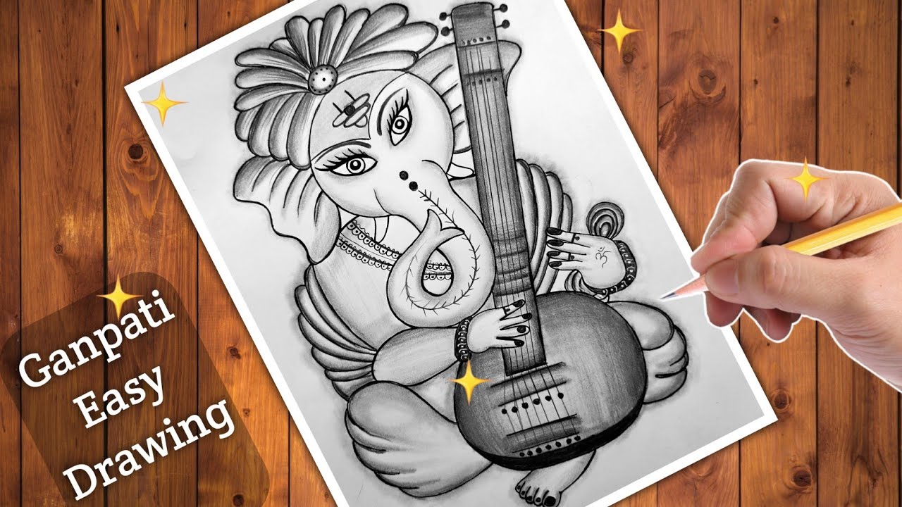 How To Draw Ganesha Playing Tanpura Step By Step Ganesh Sketch Easy