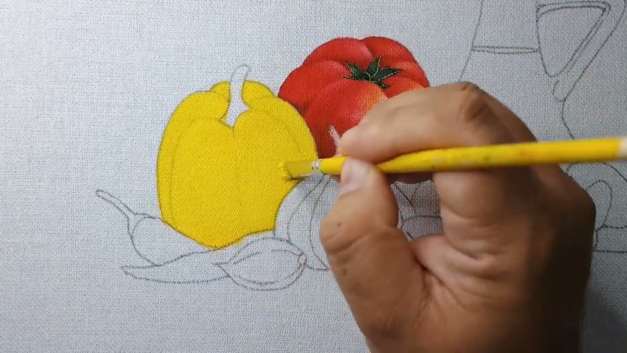 Pimentão Amarelo, Tomate e Pimentas Pintura em Tecido Parte 1 Aula 574 - Apostila 3 Projeto 8