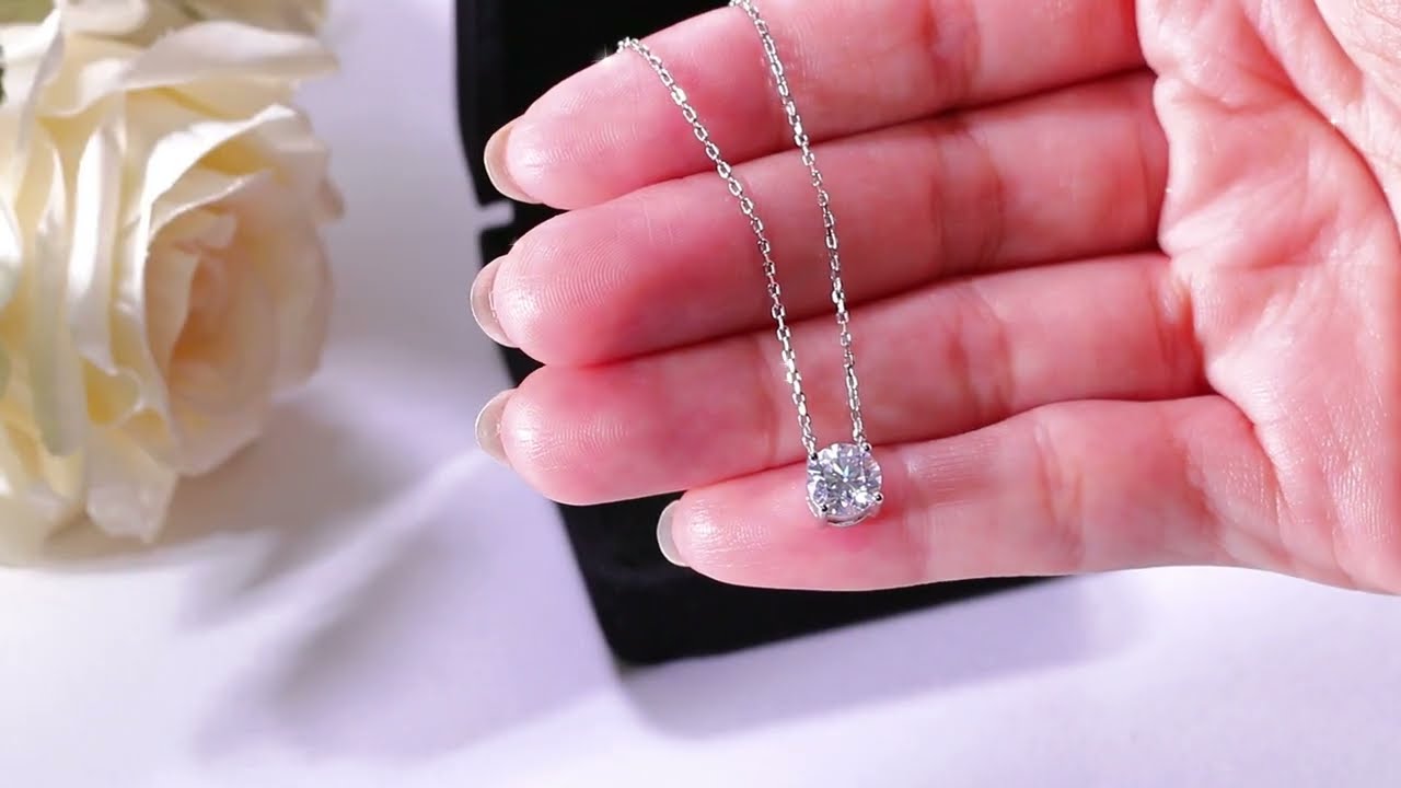 1 Carat Round Cut Real Moissanite Solitaire Pendant Necklace in 18k White Gold Over Silver 