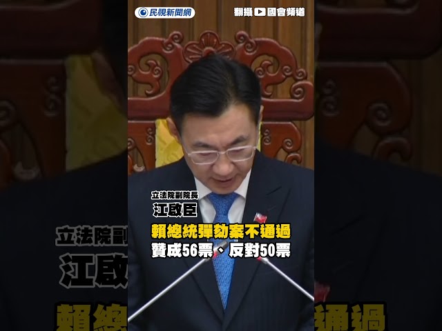 賴總統彈劾案不通過　贊成56票、反對50票｜民視新聞｜