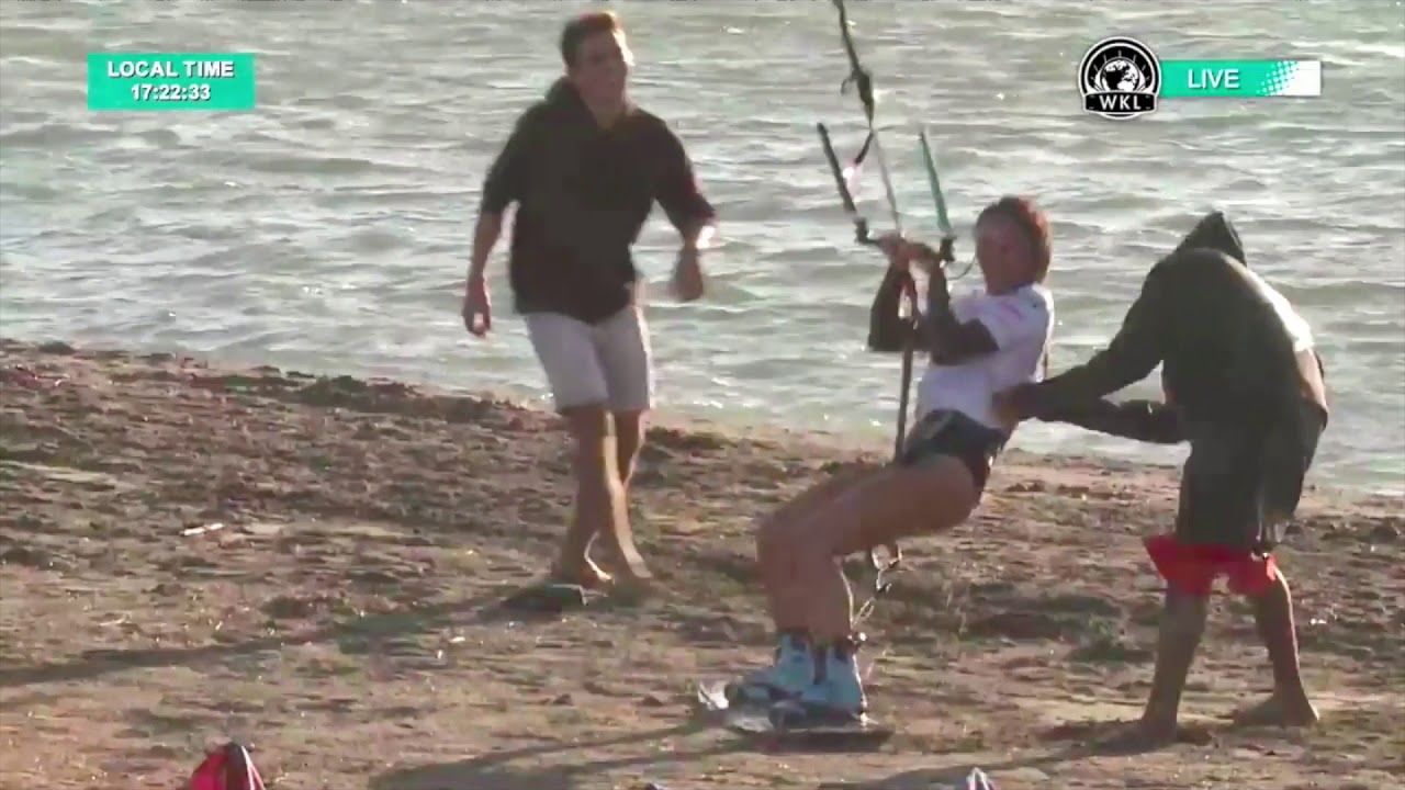Bruna Kajiya double trick / crash on beach World Kiteboarding Leage Akyaka Turkey WKL Airush
