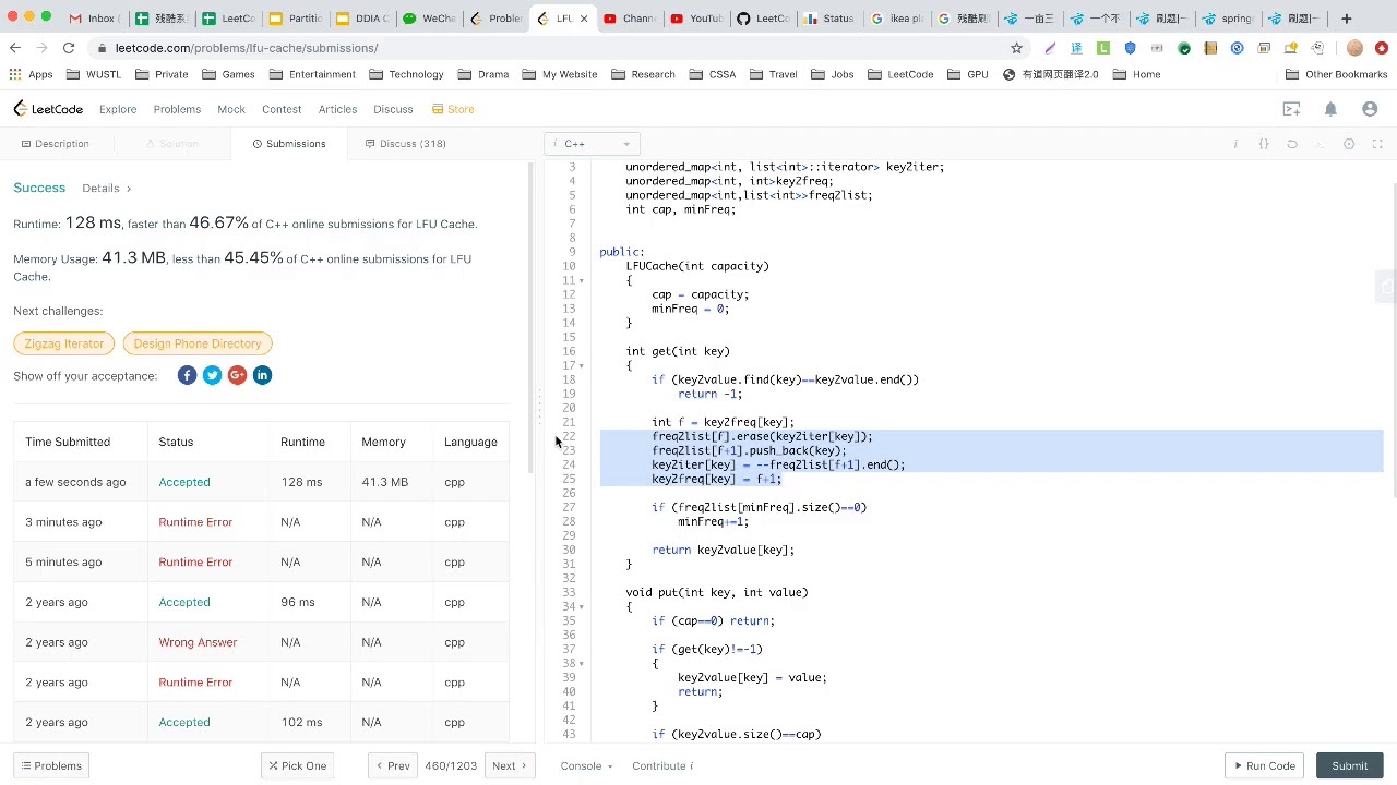 【每日一题】460. LFU Cache, 09/21/2019
