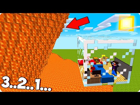 🌋БАЗА В 1 БЛОКЕ СТЕКЛА ПРОТИВ ЦУНАМИ ИЗ ЛАВЫ В МАЙНКРАФТ ШЕДИ НУБИК И ДЕВУШКА ТРОЛЛИНГ MINECRAFT