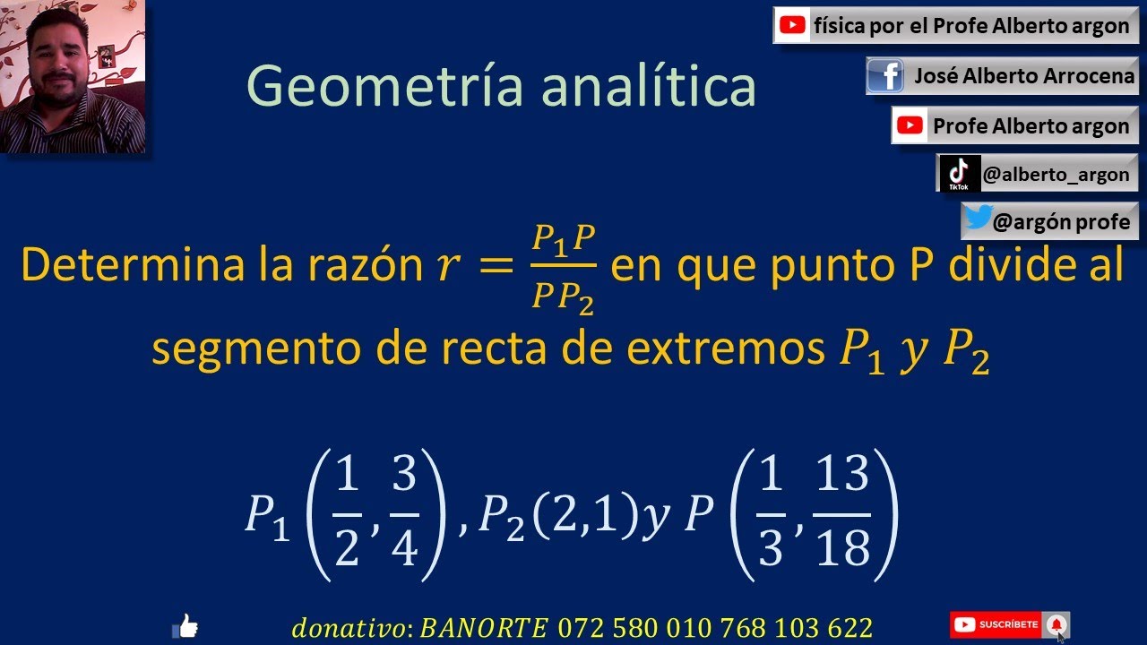 Recta Razon Determina la razón 𝑟=𝑃 1 𝑃 𝑃𝑃 2 en que punto P divide al segmento de ...